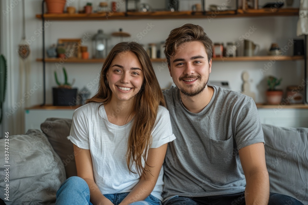 Young couple at home, taking a group photo Young couple at home, taking a group photo