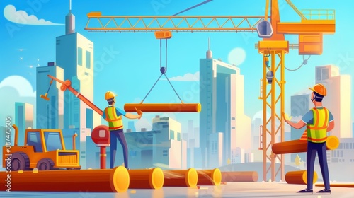 Busy Construction Site with Cranes, Steel Beams, Workers in Safety Vests, and Urban Skyline Background