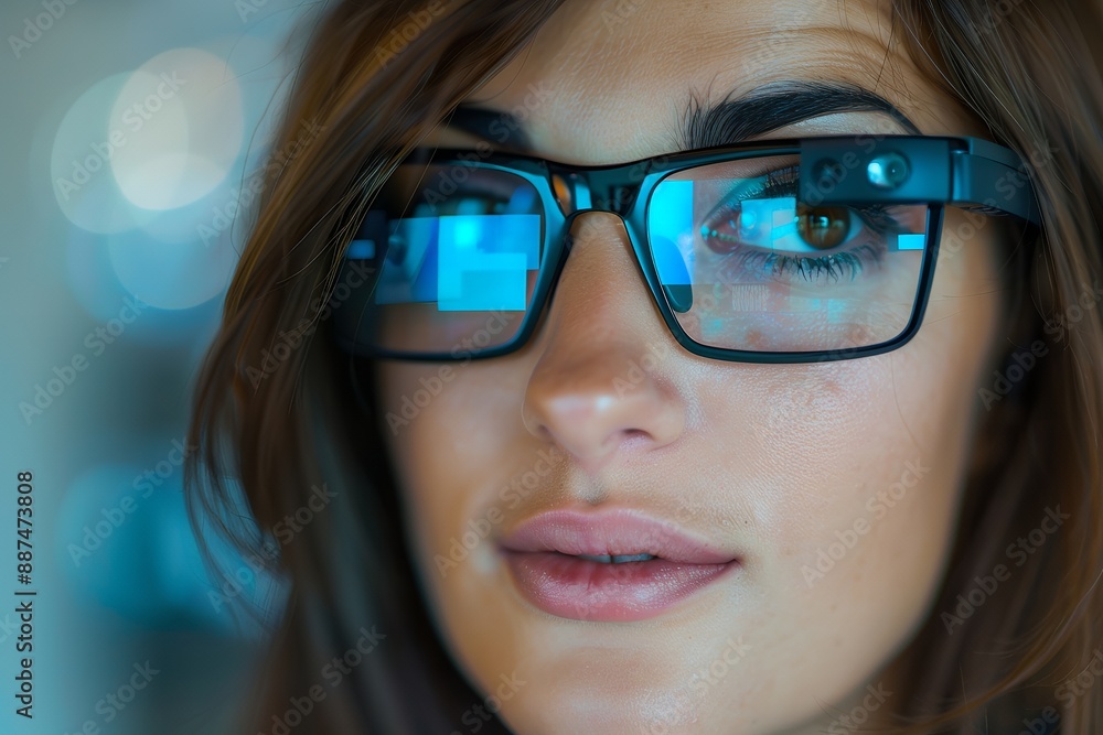 Close up portrait of a woman wearing smart glasses with a google glass concept on her head, using futuristic augmented reality technology for a video call or communication in an office. Shot in the st Close up portrait of a woman wearing smart glasses with a google glass concept on her head, using futuristic augmented reality technology for a video call or communication in an office. Shot in the st
