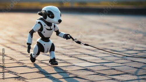 Robot dog being walked on a leash in an urban setting with minimalist background photo