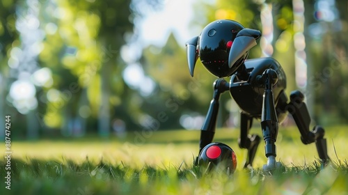 Robot dog playing fetch in a park with minimalist background photo