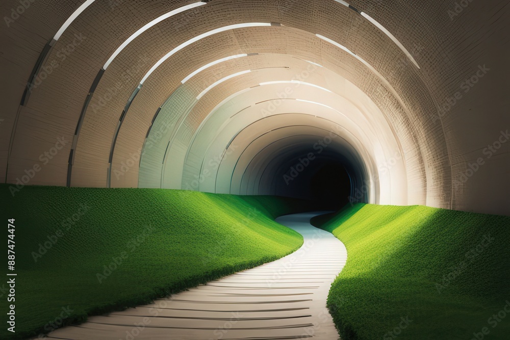 Naklejka premium the ai generated image, a tunnel with a fog on the surface of the road