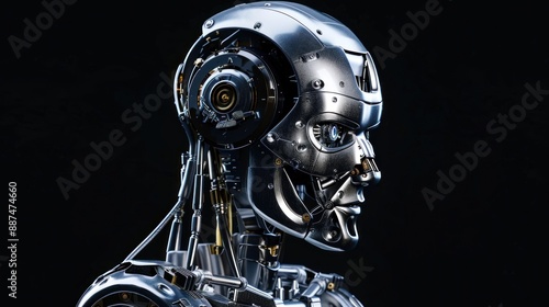 Robot isolated on black background, highlighting sleek metallic features