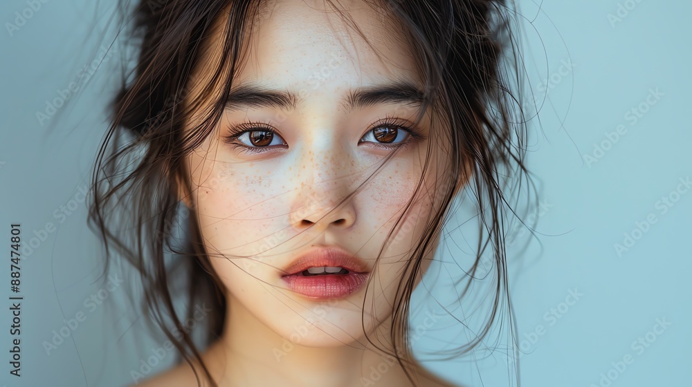 Close-up portrait of a young woman with natural makeup and tousled hair, looking into the camera with an expression of calm and serenity. Close-up portrait of a young woman with natural makeup and tousled hair, looking into the camera with an expression of calm and serenity.