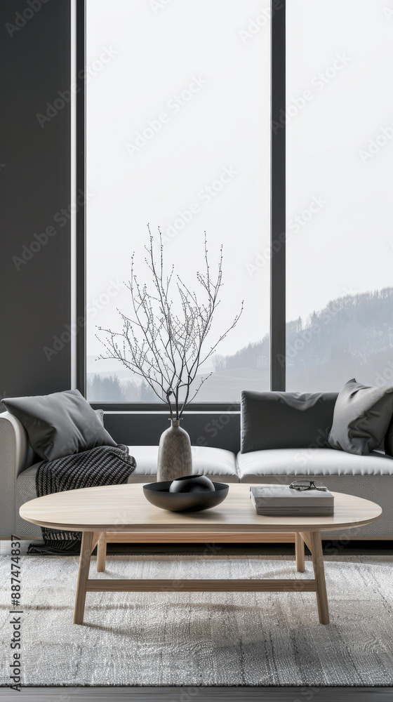 Fototapeta premium Contemporary living room interiors with minimalist furniture and neutral contrasting colors. Luxury realty composition with minimal furniture.