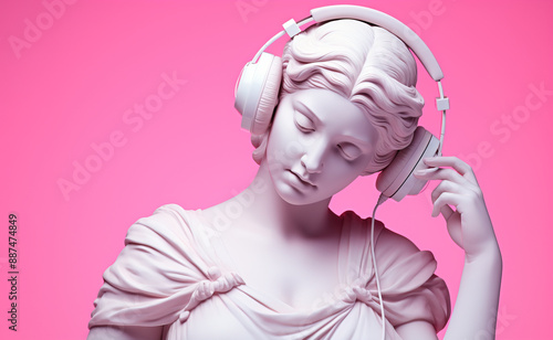 Antique sculpture of a woman in headphones