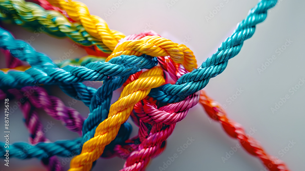 A group of colorful ropes coming together to form a direction arrow. Teamwork concept A group of colorful ropes coming together to form a direction arrow. Teamwork concept