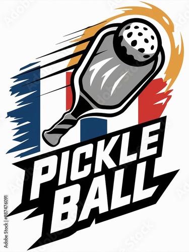 concept illustration of pickleball logo with paddle and ball in black and white written in a strong and athletic font on France flag colors in the background