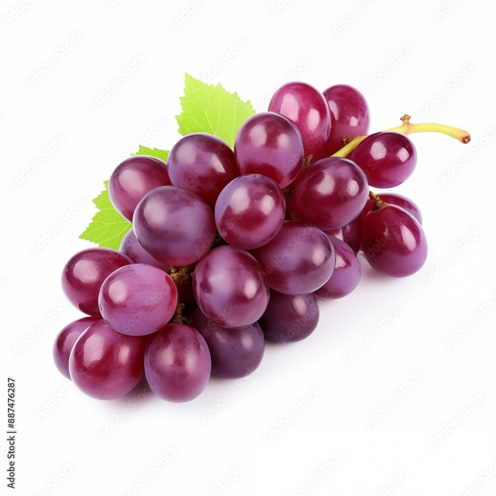 Fototapeta premium Bunch Of Fresh Purple Grapes With Green Leaf On White Background