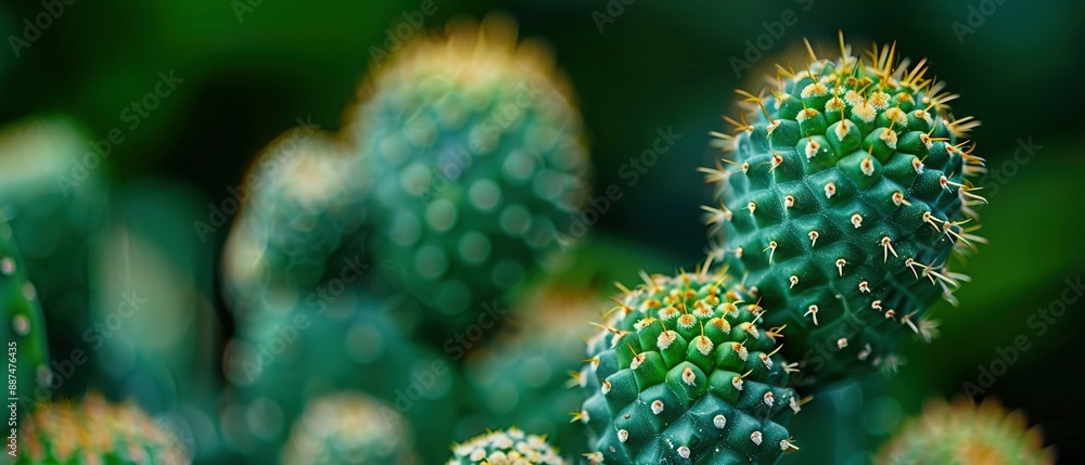 A zoomed-in image of a green cactus with numerous small yellow spots on its leaves A zoomed-in image of a green cactus with numerous small yellow spots on its leaves