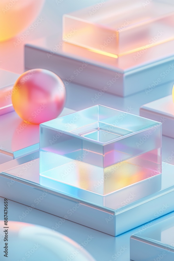 Obraz premium Abstract Futuristic 3D Render Minimalistic Style with Floating Geometric Shapes Isometric Design, Light Color Theme, Bright Background, and Soft Lighting