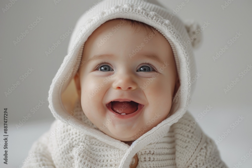 A baby wearing a bathrobe with a white background A baby wearing a bathrobe with a white background