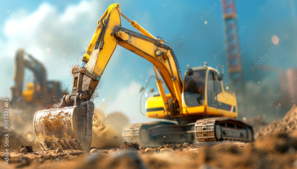 Busy Construction Site with Realistic Excavator in Industrial Setting Busy Construction Site with Realistic Excavator in Industrial Setting