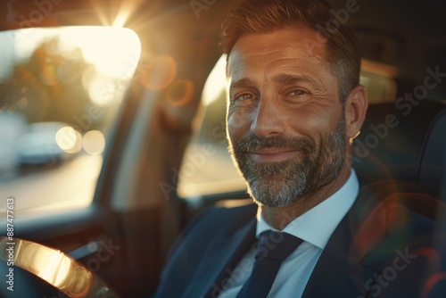 Business man sitting in the car smiling