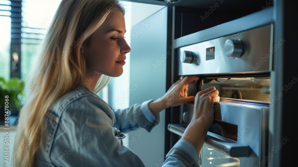 Woman accessing a hidden compartment in a wall safe