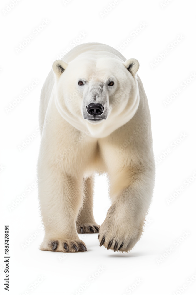 Head-On Shot Of Polar Bear Walking Towards Viewer On White Background, Majestic Arctic Wildlife Head-On Shot Of Polar Bear Walking Towards Viewer On White Background, Majestic Arctic Wildlife