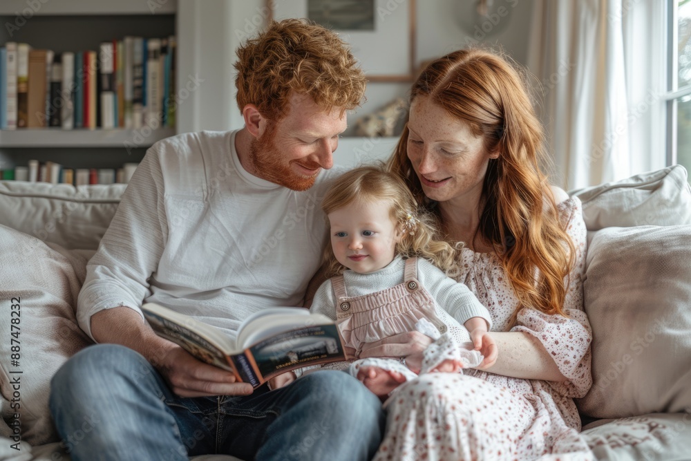 Couples educate their children to read books at home Couples educate their children to read books at home