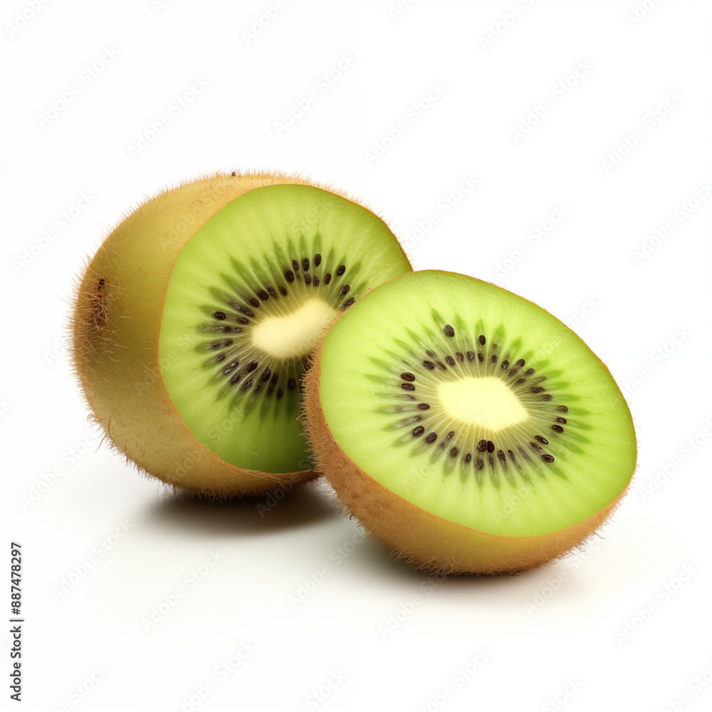 Whole Kiwi Fruit And Perfectly Halved Kiwi Showing Juicy Green Flesh And Black Seeds Whole Kiwi Fruit And Perfectly Halved Kiwi Showing Juicy Green Flesh And Black Seeds