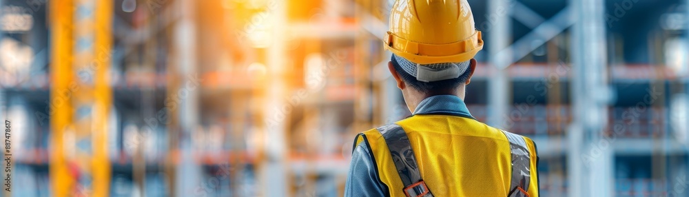 Construction Worker Examining Building Foundation with Yellow Safety Vest and Hard Hat Construction Worker Examining Building Foundation with Yellow Safety Vest and Hard Hat