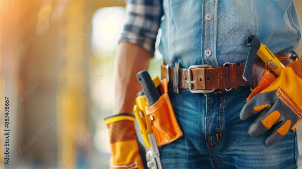 Obraz premium Construction Worker's Detailed Tool Belt Close-up with Safety Gear in Background