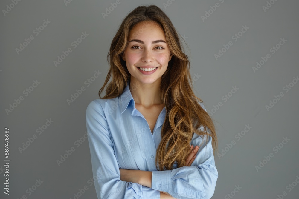 The young woman crossed her hands and looked at the camera with a smile The young woman crossed her hands and looked at the camera with a smile