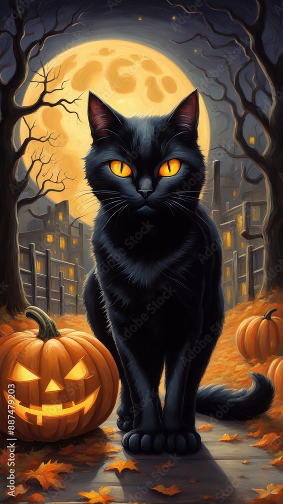 A sleek black cat prowls beside a flickering jack-o-lantern on a moonlit Halloween night A sleek black cat prowls beside a flickering jack-o-lantern on a moonlit Halloween night