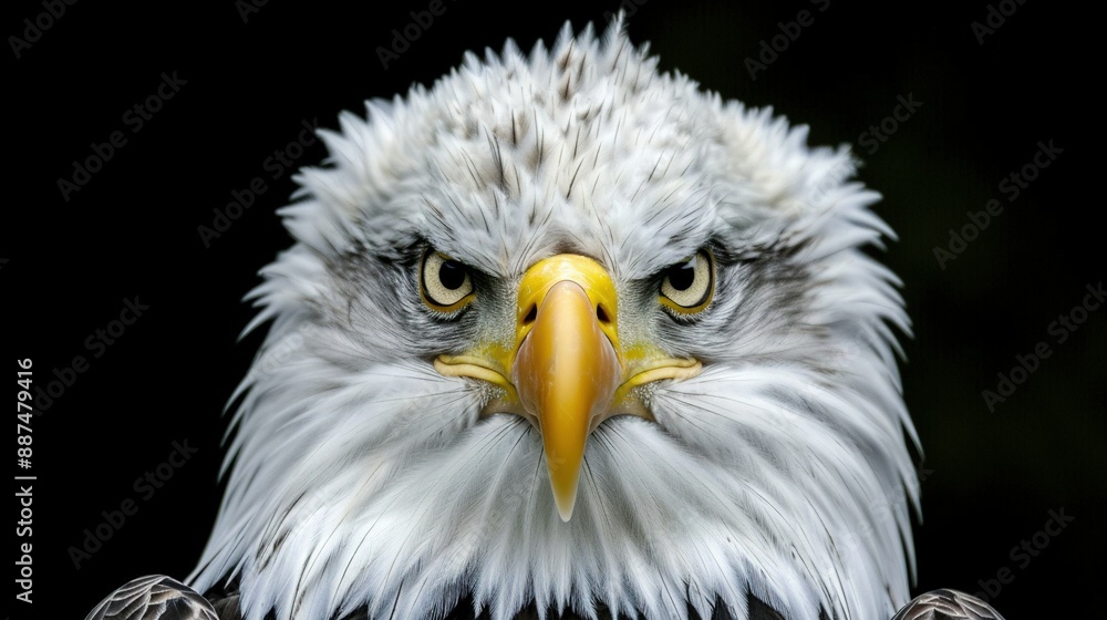 A close-up of a bald eagle's head on a black background with a black backdrop A close-up of a bald eagle's head on a black background with a black backdrop