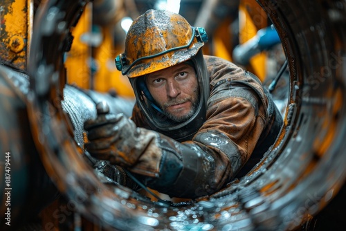 Industry 4.0 welder working inside pipe for constructing nlg gas transport pipeline photo