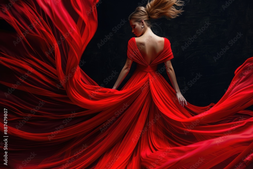The woman is wearing a red long dress and flying high The woman is wearing a red long dress and flying high