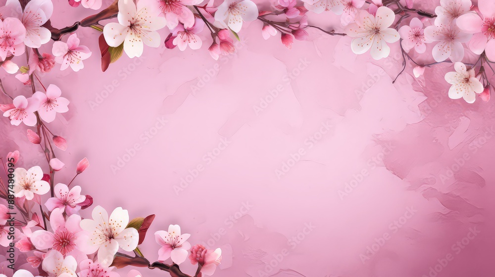 Obraz premium Frame of Sprigs Sakura Cherry Blossoms on pink background.Holiday Concept of spring, 8 march, mother day, april, may, Persian new year.