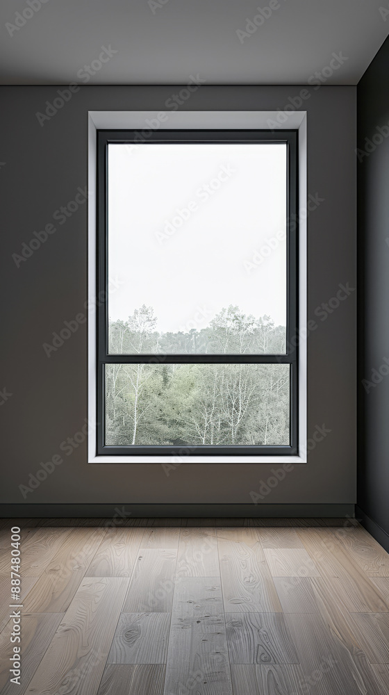 Fototapeta premium Large window in an empty apartment room in dark tone, with no furniture and copy space. Minimalist interiors design composition for Real Estate advertising.