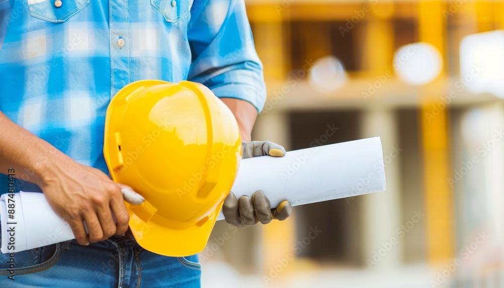 Skilled Construction Worker with Blueprint at Realistic Construction Site Skilled Construction Worker with Blueprint at Realistic Construction Site