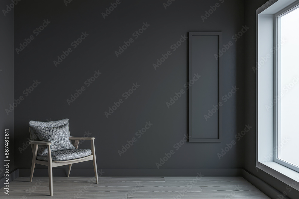 Large window in an empty apartment room in dark tone, with no furniture and copy space. Minimalist interiors design composition for Real Estate advertising. Large window in an empty apartment room in dark tone, with no furniture and copy space. Minimalist interiors design composition for Real Estate advertising.
