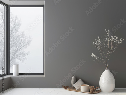 Large window in an empty apartment room in dark tone, with no furniture and copy space. Minimalist interiors design composition for Real Estate advertising.