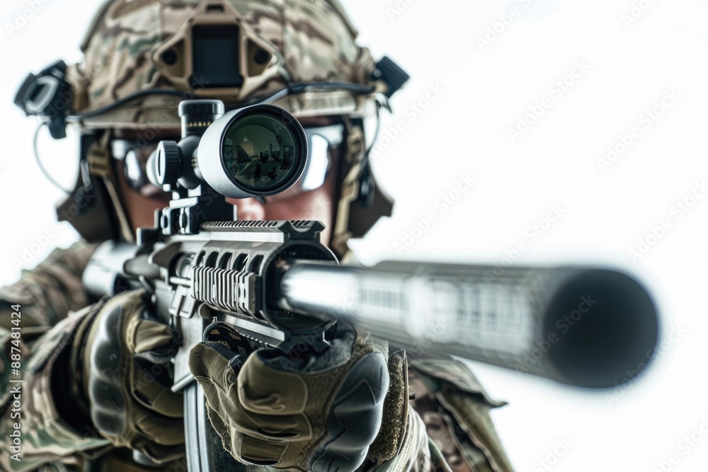 A man wearing camouflage gear holds a gun A man wearing camouflage gear holds a gun
