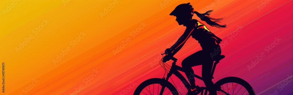Obraz premium Photo of A girl on a bike silhouette against gradient background, with copy space for text or design. Web banner style with copyspace on the right side