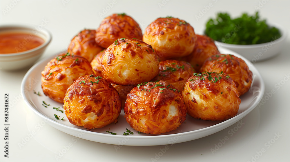 Photo of delicious fried cream cheese puffs (doughnuts) on a white plate with herbs and sauce, isolated on a white background Photo of delicious fried cream cheese puffs (doughnuts) on a white plate with herbs and sauce, isolated on a white background