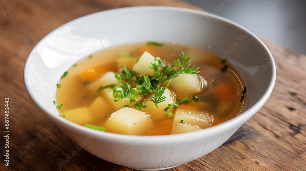 Food for convalescent patients, A bowl of clear vegetable broth with soft, small pieces of potato and leek Food for convalescent patients, A bowl of clear vegetable broth with soft, small pieces of potato and leek