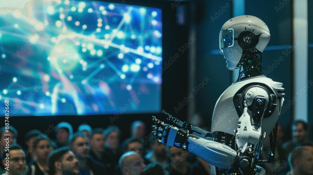 Human robot giving a presentation at a tech event with minimalist background Human robot giving a presentation at a tech event with minimalist background