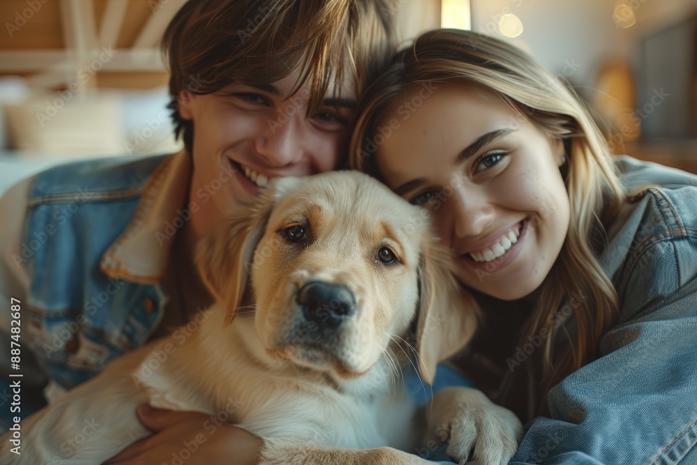 Couple and dog at home Couple and dog at home