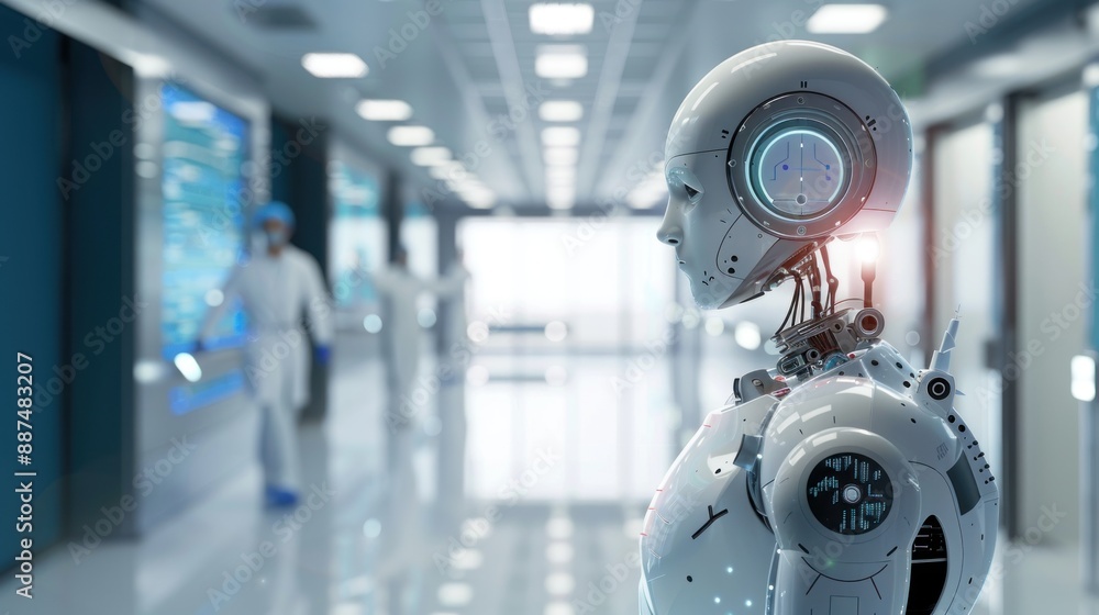Medical robot assisting in patient care at a hospital with minimalist background Medical robot assisting in patient care at a hospital with minimalist background
