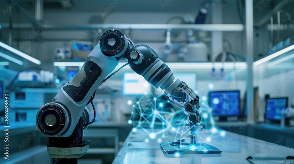 Robot arm performing intricate tasks in a high-tech laboratory with minimalist background Robot arm performing intricate tasks in a high-tech laboratory with minimalist background