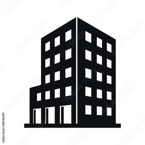Black and white perspective icon of a modern office building