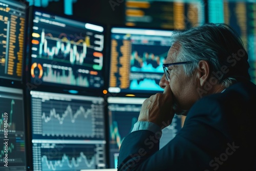 A financial expert deeply analyzes securities oversight amid an uncertain future, surrounded by complex data, illustrating the intricate nature of financial forecasting and risk assessment.