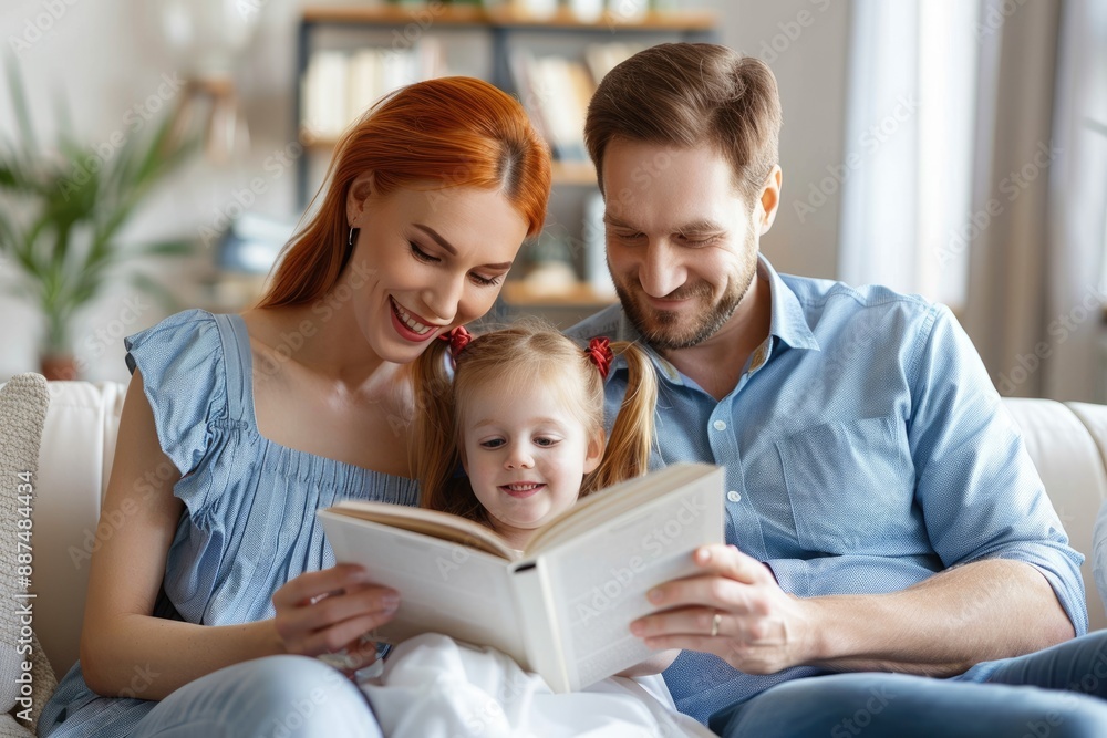 Couples educate their children to read books at home Couples educate their children to read books at home