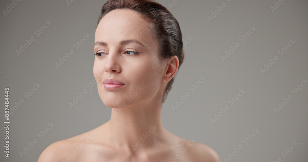Beauty, health, cosmetics, anti-aging therapy and skin care concept - young beautiful brunette Caucasian woman posing in front of the camera, opening and closing her eyes Beauty, health, cosmetics, anti-aging therapy and skin care concept - young beautiful brunette Caucasian woman posing in front of the camera, opening and closing her eyes