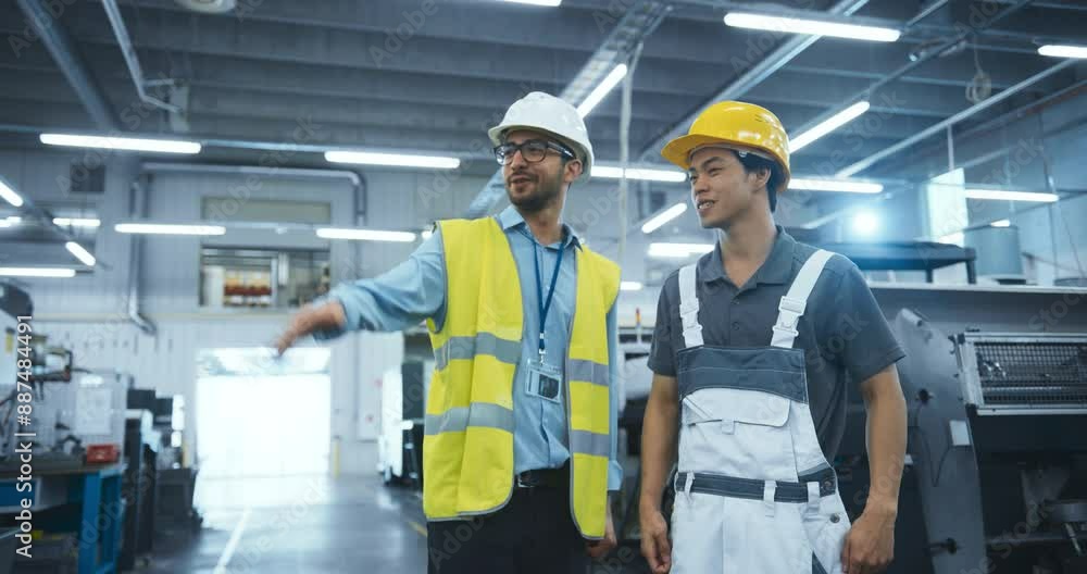 Technical Inspector Meeting a Young Manager at an Industrial Production Plant. Men Shake Hands and Discuss Operational Strategies in a Modern Factory. They Wear Hard Hats and Safety Uniform Technical Inspector Meeting a Young Manager at an Industrial Production Plant. Men Shake Hands and Discuss Operational Strategies in a Modern Factory. They Wear Hard Hats and Safety Uniform