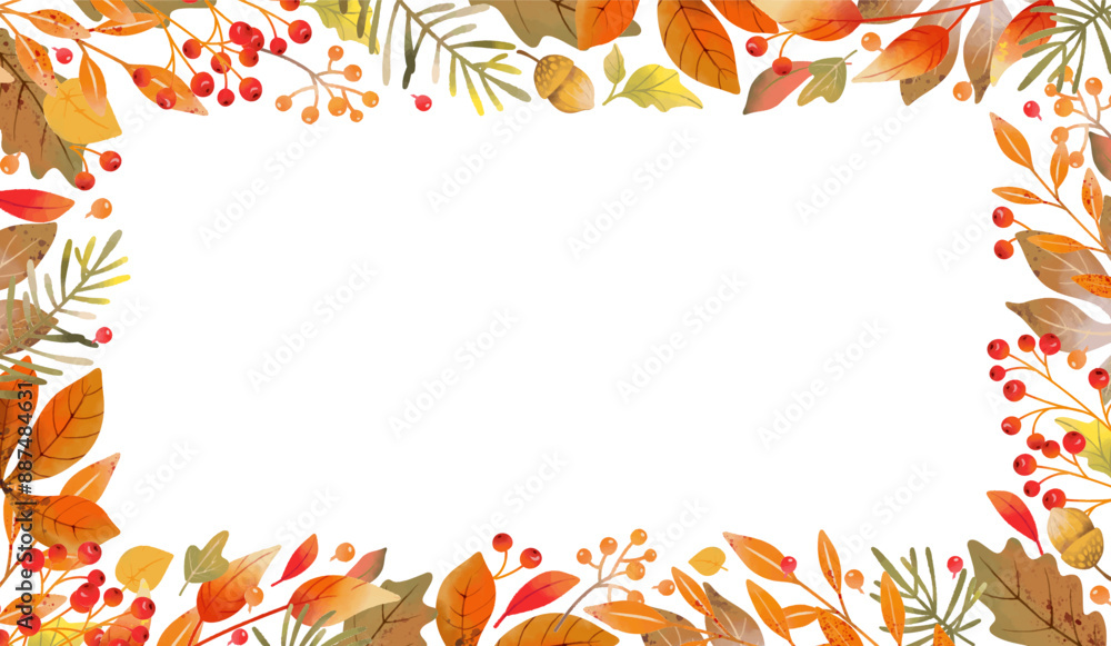 Autumn frame with hand drawn beautiful watercolor leaves and berries. Elegant background with falling leaf pattern. Vector illustration Autumn frame with hand drawn beautiful watercolor leaves and berries. Elegant background with falling leaf pattern. Vector illustration