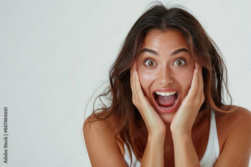 The young woman screamed in surprise, with a white background The young woman screamed in surprise, with a white background