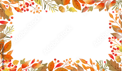 Autumn frame with hand drawn beautiful watercolor leaves and berries. Elegant background with falling leaf pattern. Vector illustration
